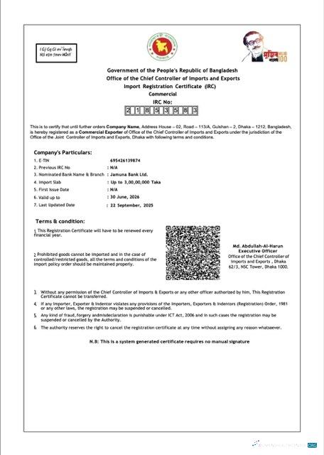 Download Bangladesh import registration certificate Word and PDF template Photoshop template
